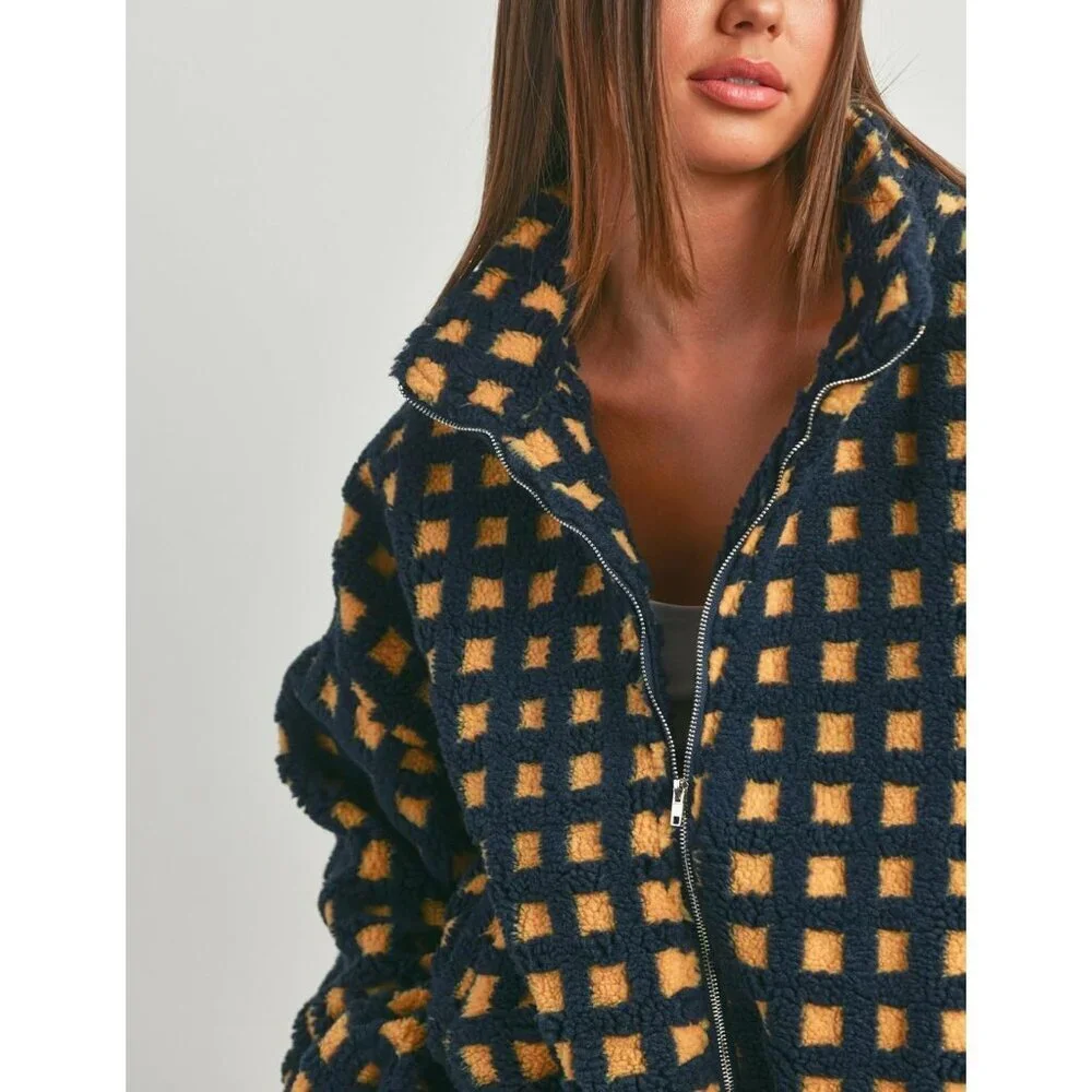Women Orange Cropped Sherpa Fleece Plaid Jacket Chunky Outerwear - Picture 4 of 7